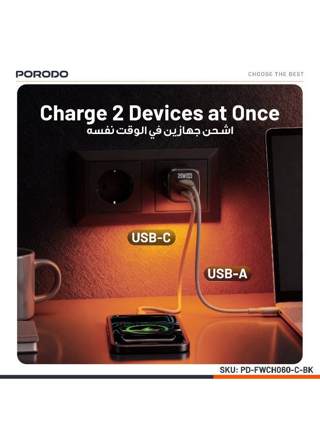 porodo GaN Dual-Port USB-A & Type-C QC 18W Quick Charger PD  20W Fast Charging with Simultaneous Charging & Built-In Safeguards / Reliable Companion / Over-Heat Protection / Type-C to Type-C Cable Included - Black - Image 2